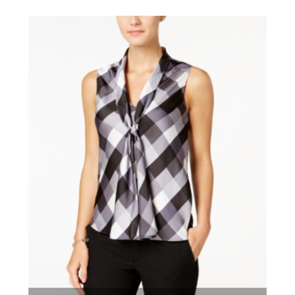 Nine West Black and White Sleeveless Tie Front Blouse #0003